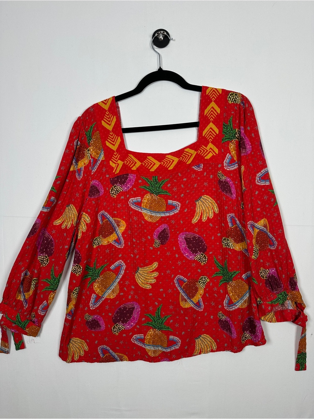 FARM Rio x Anthropologie Fruit Print Blouse Red Square Neck Size L